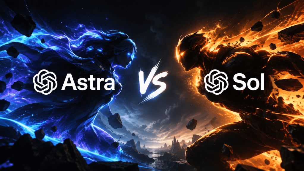 A dramatic image depicting a battle between two characters, Astra on the left representing cool blue tones, and Sol on the right symbolizing fiery orange hues, with 'Astra vs Sol' text prominently displayed in the center.